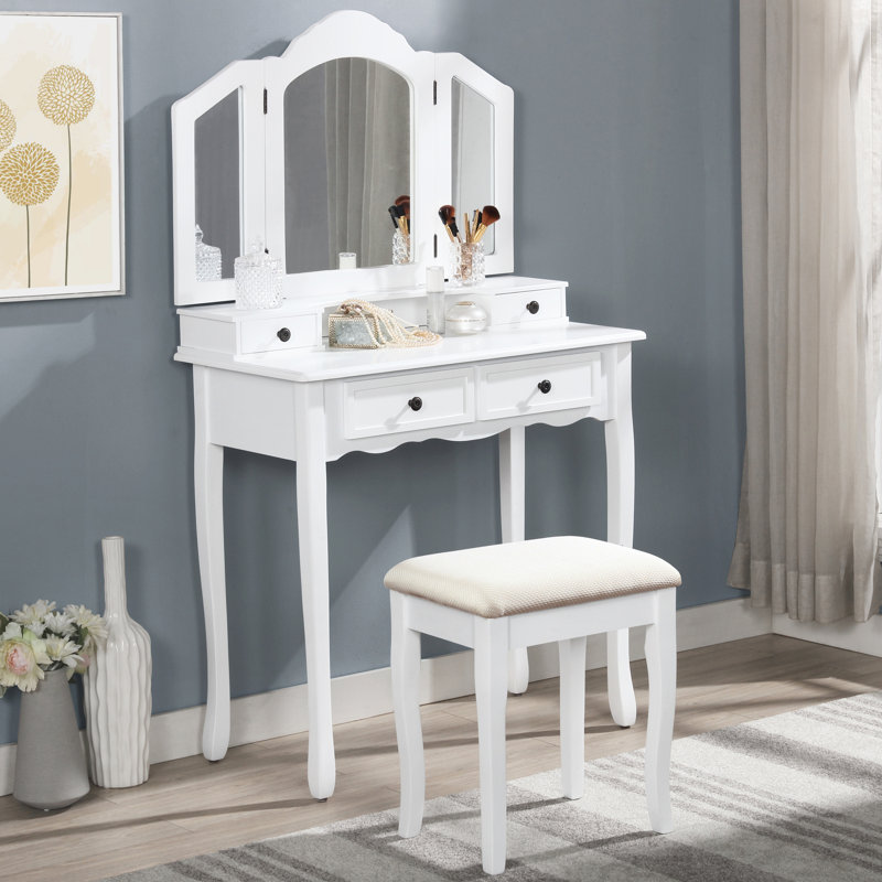 Coiffeuse et chaise en bois blanc - Créez un ensemble tendance, comprenant une table, un tabouret et des tiroirs de rangement.