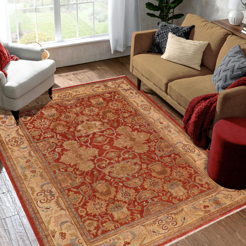 Tapis rouge / brun clair en laine noué à la main 9 pi 1 po x 11 pi 3 po Dorn