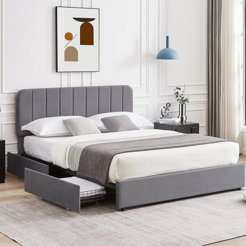 Huntsville 4-Drawer Velvet Upholstered Platform Bed, Dark Gray, Queen