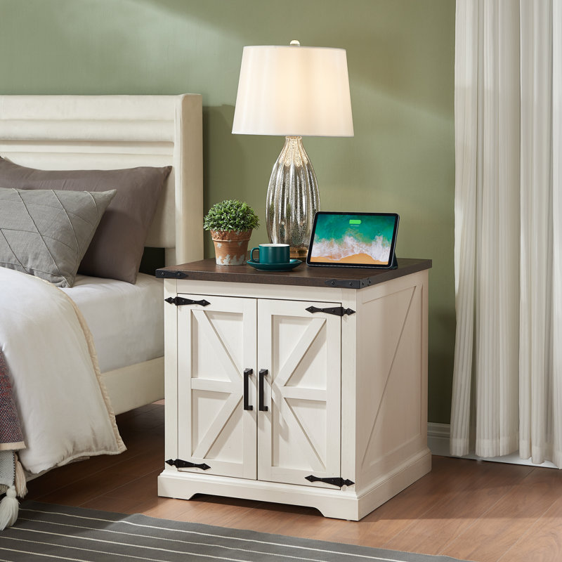 Jaimar 24"W Farmhouse Square End Table with Charging Station&Adjustable Storage Shelf,  Dark Walnut, Vintage White