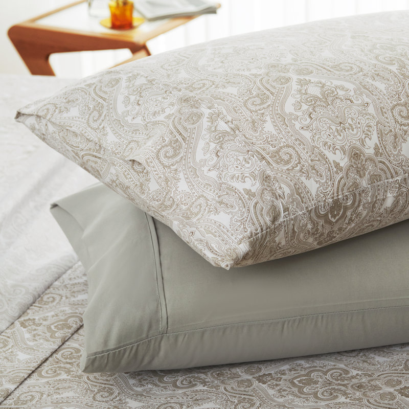 Percale Paisley Sheet Set, Full Sheet Set + 1 Fitted Sheet + 2 Pillowcases, Light Gray