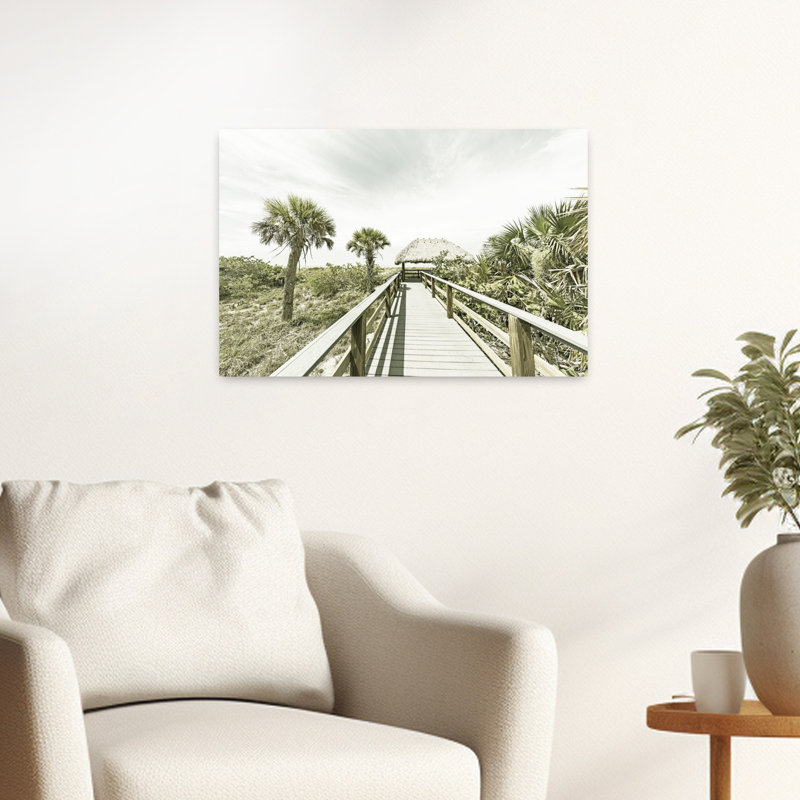 " Tropical Boardwalk Path Retro Vintage Abstract Palm Tree Coastal Wall Art Print " Print, 16" H x 24" W