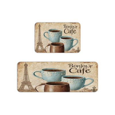 Vintage Paris Cafe Kitchen Mats, Set Of 2 Retro Rugs For Kitchen & Coffee Bar