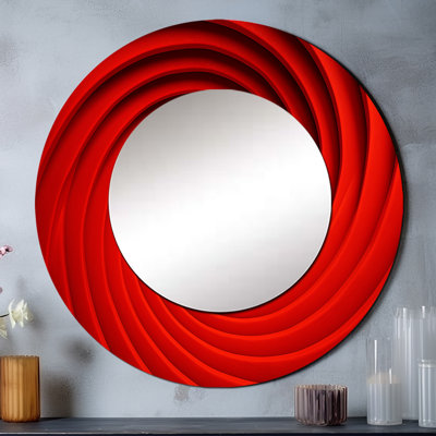 Red Perpetual Pulse Vortex II - Abstract Spirals Unique Wall Mirror, Modern Round Mirror, Printed Metal Art