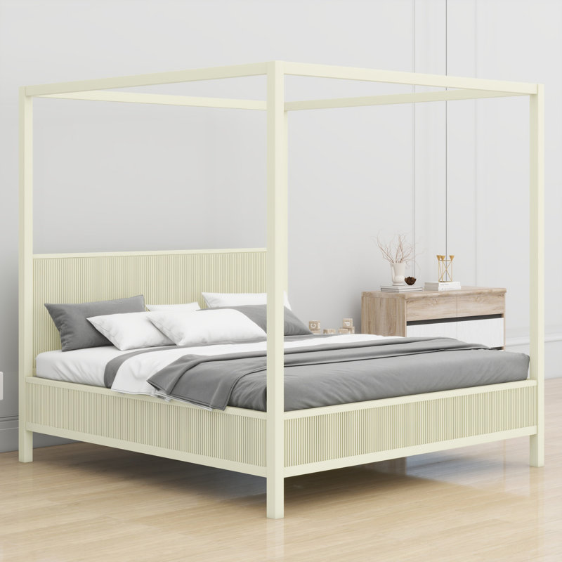 Lit plateforme à baldaquin en bois avec système de lattes de soutien, King, Beige