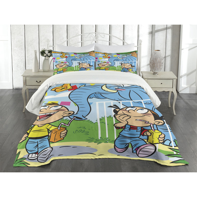 Ambesonne Cartoon Bedspread Set Mischievous Boy Multicolor, King Bedspread + 2 Standard Shams