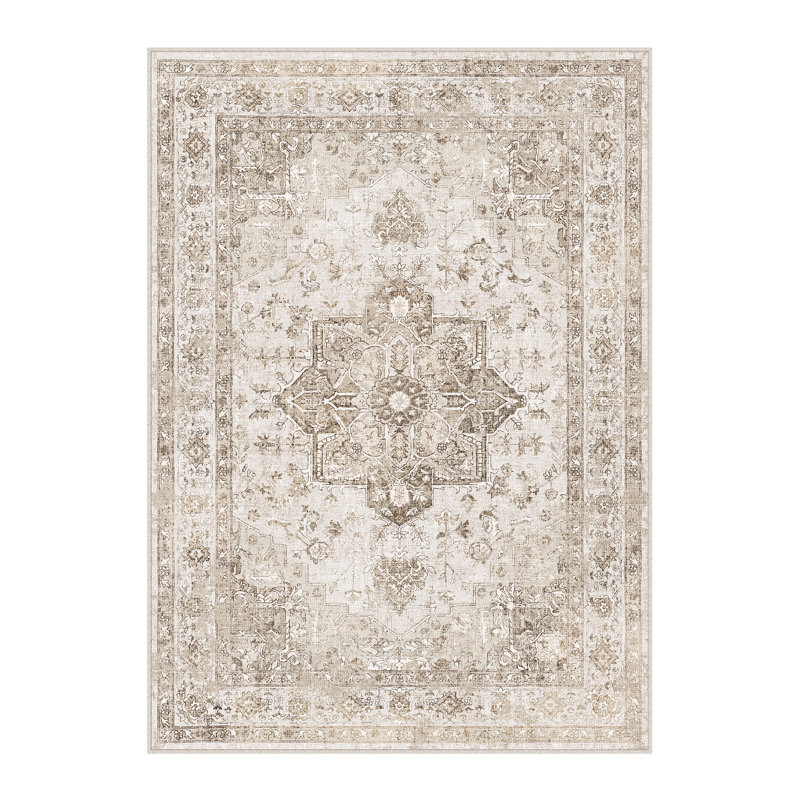 Tapis lavable rétro patiné avec envers antidérapant, Beige, Rectangulaire 3 pi x 5 pi