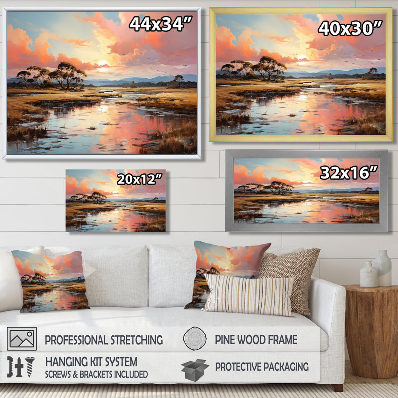 Art mural rose, coucher de soleil sur les marais, Cadre doré flottant, bois massif, H 34 po x l 44 po