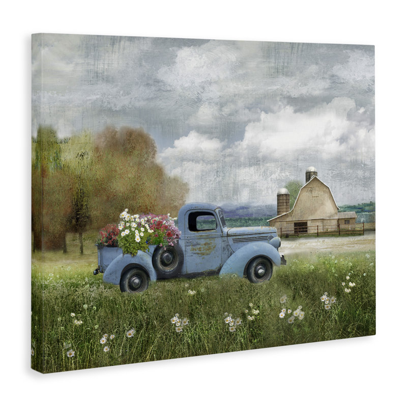Camion bleu rétro vintage avec bouquet de fleurs et ciel nuageux par Nan - Peinture, H 16 po x l 20 po