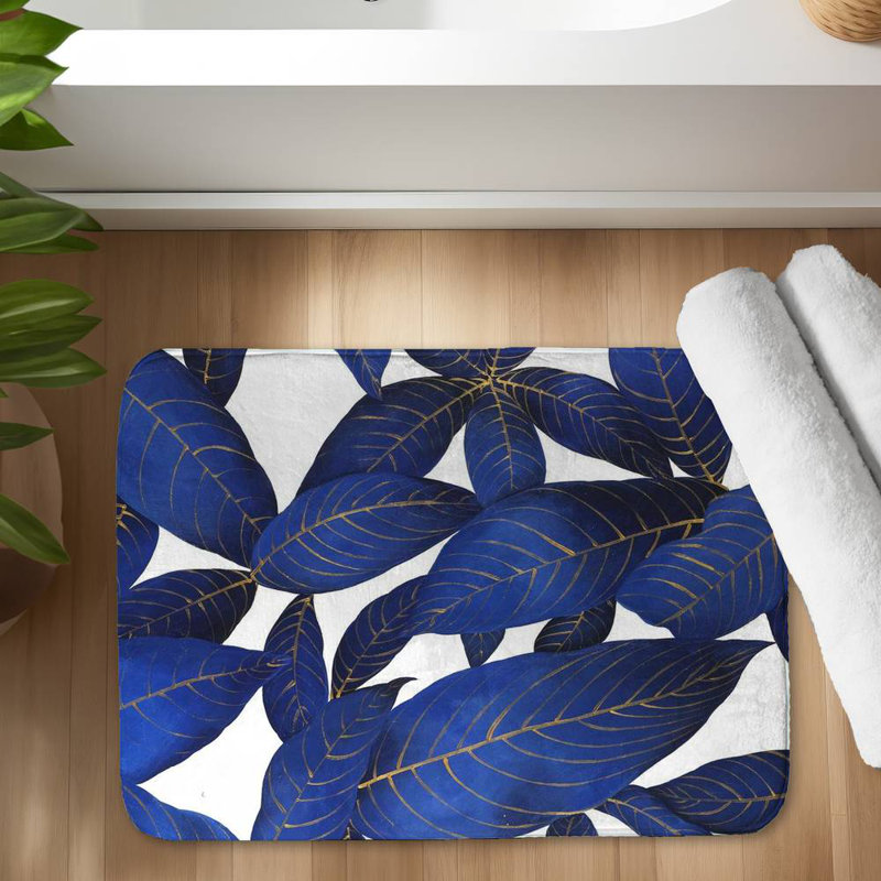 Abstract modern blue leaves Bath Mat with Non-Slip Backing - Quick Dry Memory Foam Bathroom Rug - Absorbent - Modern Plush Spa-Style - Machine Washable