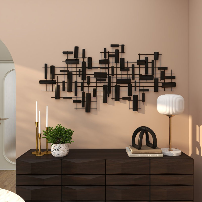 Décoration murale géométrique en métal à rayures 3D, Noir