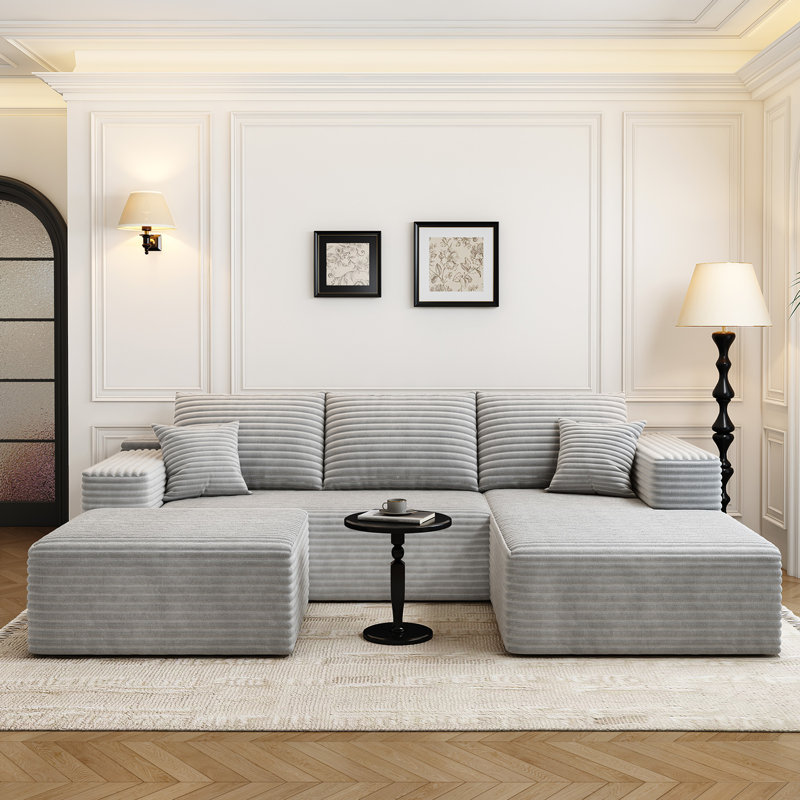 Canapé modulaire 107,5 po avec 1 repose-pieds Cloud, Orienté à droite, Tissu velours côtelé gris moelleux