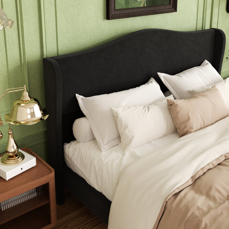 Chenille Upholstered Wingback Platform Bed Frame with Tall Headboard, Black, Queen