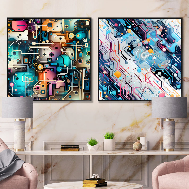 Techno Matrix Futuristic Dreams Edm Pattern - Abstract Collages Square Collage Set Of 2, Black Floater Framed, 16" H x 33" W