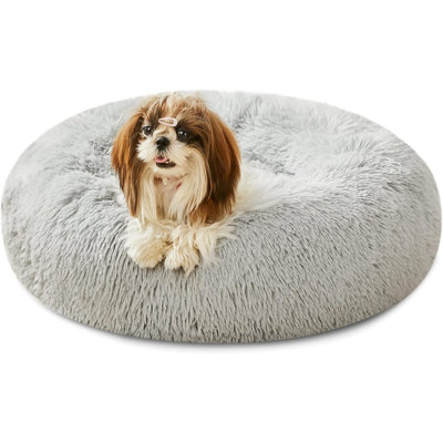 Lit pour chien et chat en fausse fourrure, lit pour chien apaisant original pour petits animaux de compagnie de taille moyenne, lit de chat rond rond et lavable pour animaux de compagnie anti-angoisse (24 po, arc-en-ciel)