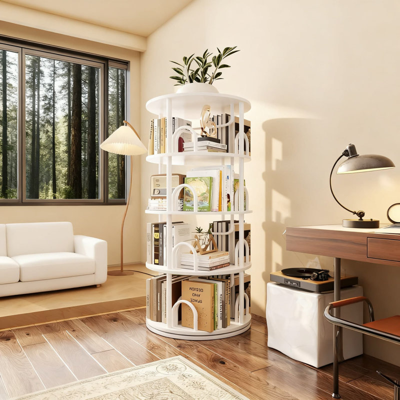 Tour de bibliothèque rotative à 4 niveaux, bibliothèque pivotante à 360 degrés avec conception ronde peu encombrante, organisateur de coin vertical pour livres, jouets et décoration intérieure