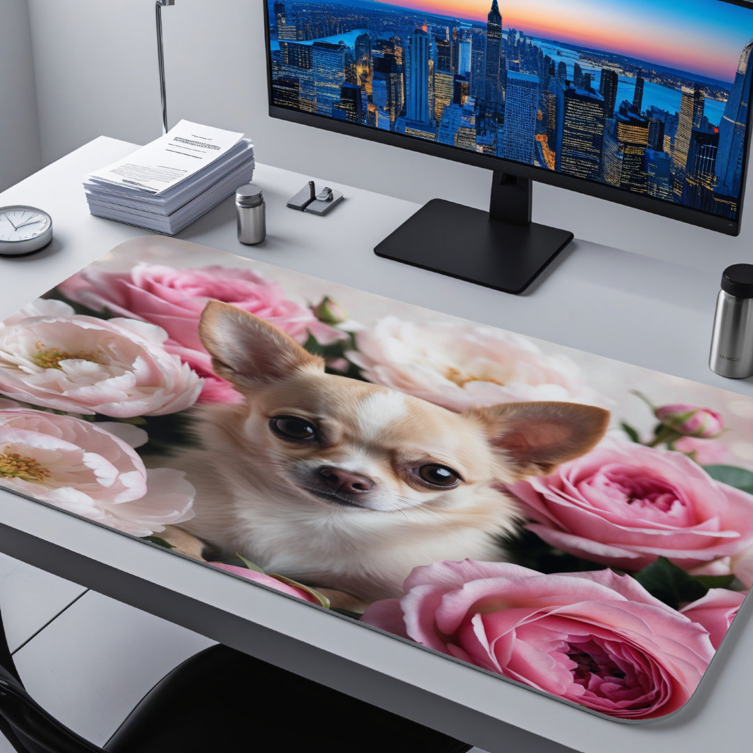 Cute Chihuahua Pink Roses Desk Mat