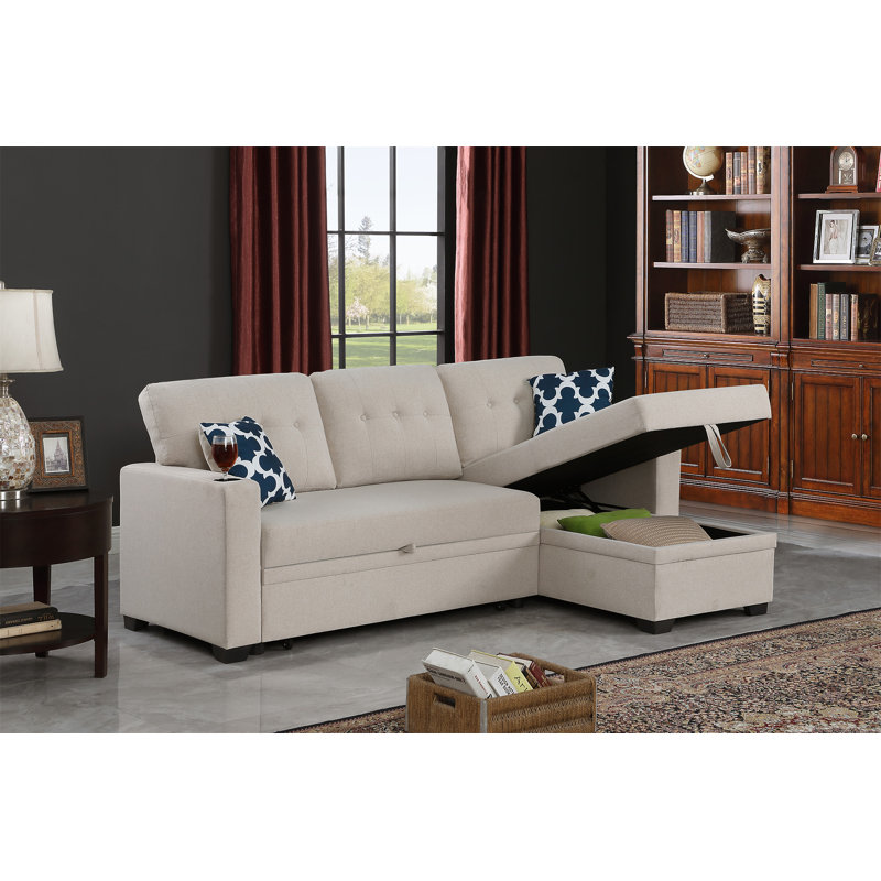 82" Width Sectional With Storage Chaise And Cupholder Armrest, Beige Linen
