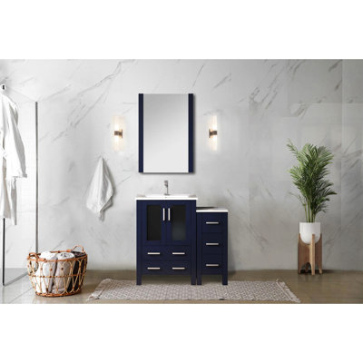 Dark Grey Bathroom Vanity, 36 In. Wide, Side Cabinet, White Ceramic Countertop, 22 Mirror, Soft Closing, Long - Lasting W Vanity With Top, Close Drawers And Plenty Of Storage Space