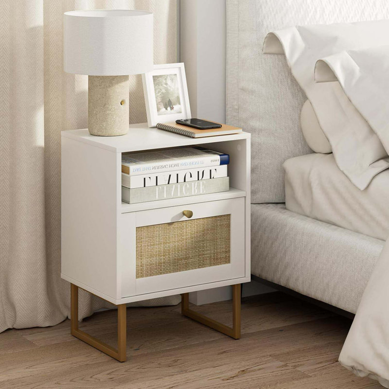 Rattan Nightstand,Modern Boho Farmhouse Wood Bedside Table With Storage Drawer And Open Shelf,Small Gold Frame Side End Table For Bedroom,Living Room,Office