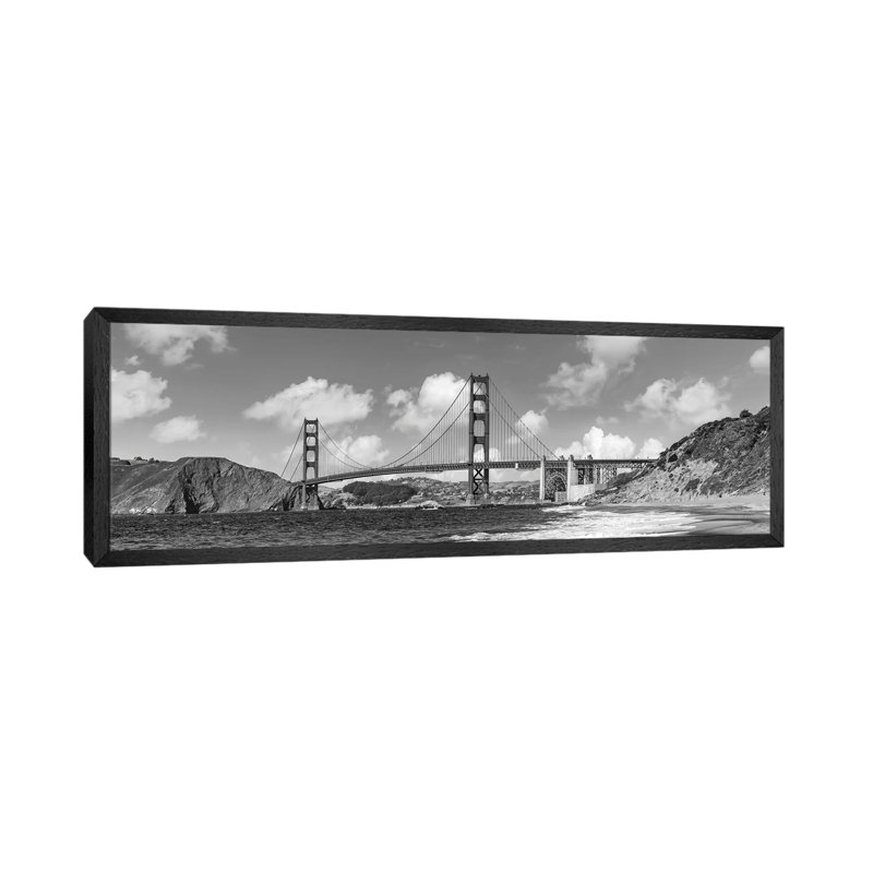 Golden Gate Bridge Baker Beach Panoramic View | Monochrome by Melanie Viola - Panoramic Print on Canvas, Black Framed