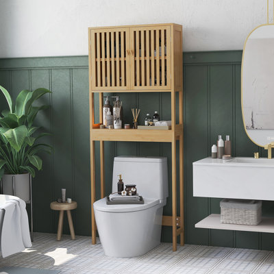 Armoire de rangement en bambou au-dessus de la toilette, organisateur de salle de bain au-dessus de la toilette avec portes à lattes, tablette réglable et tablette ouverte, naturel