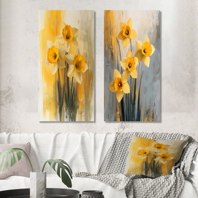 Silencieux jonquille minimaliste fleurs I - ensemble de 2 décorations murales florales en métal