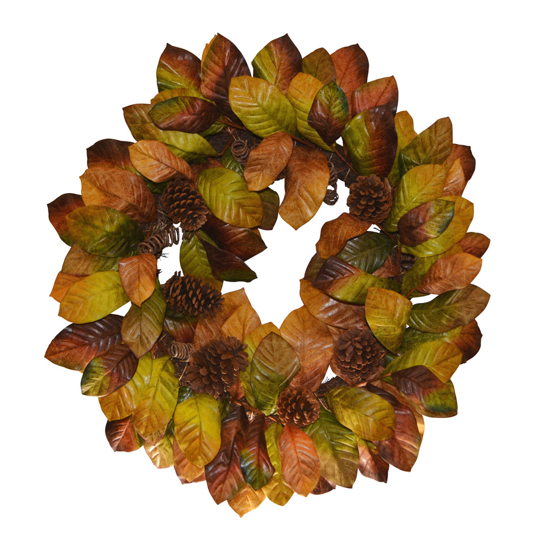 30" Fall Magnolia Leaves Pinecone Wreath Primrue
