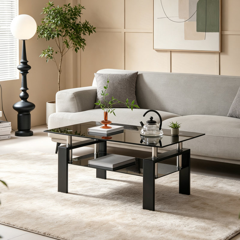 Table basse en verre trempé noir, Black, Black