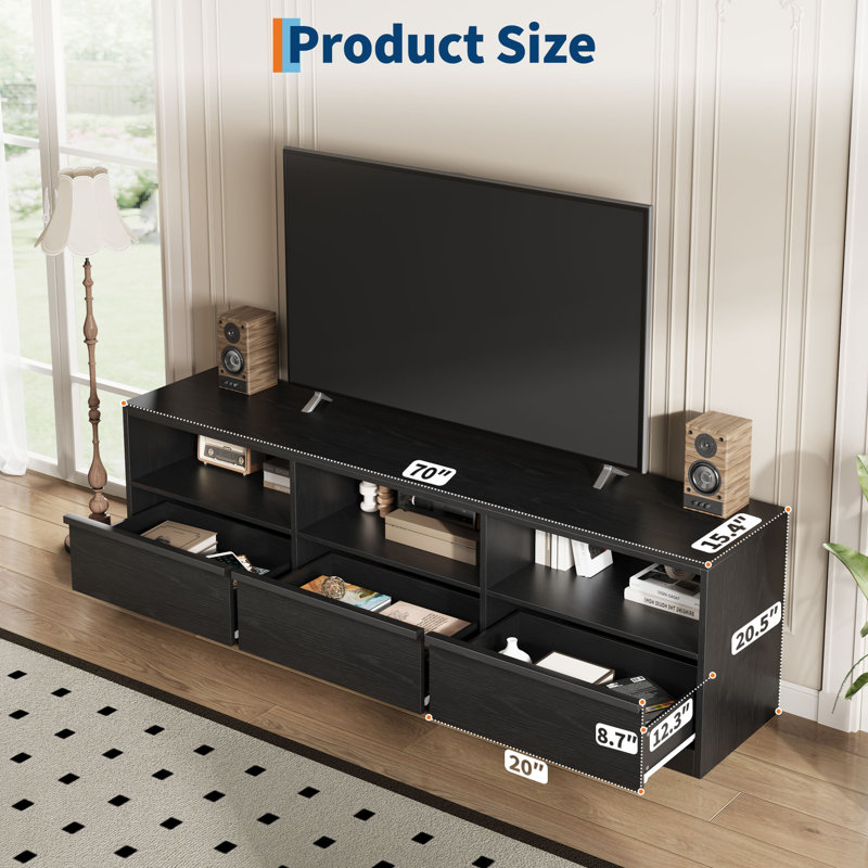 Mid Century Modern TV Stand for 65 70 75 Inch TVs, Industrial Entertainment Center with 3 Drawers & Open Shelves, Sturdy MDF for Living Room & Bedroom