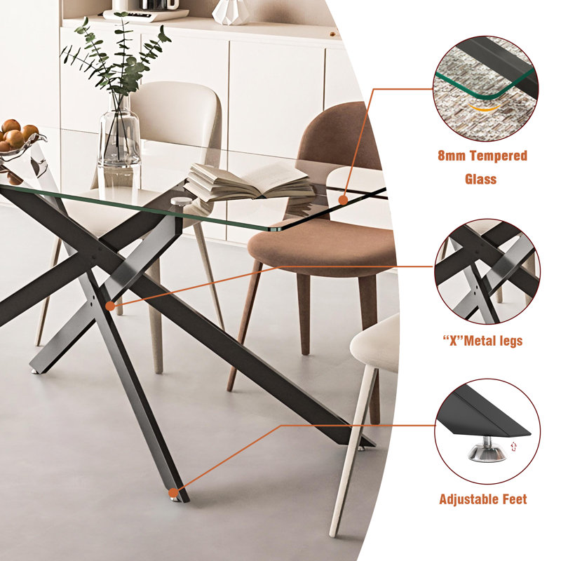 Glass Dining Table for 6, Modern 60" Rectangular Kitchen Dining Room Table for 4-6 with X-Shape Metal Base Large Clear Glass Top Dining Tables for Home Kitchen
