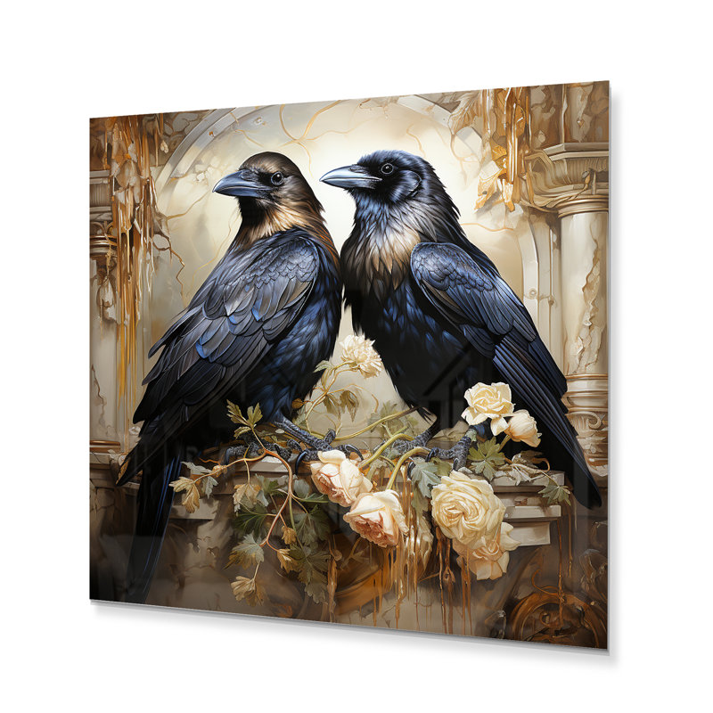 Corbeau Golden Elegance - paysages, art mural en métal, H 16 po x l 16 po x P 1 po