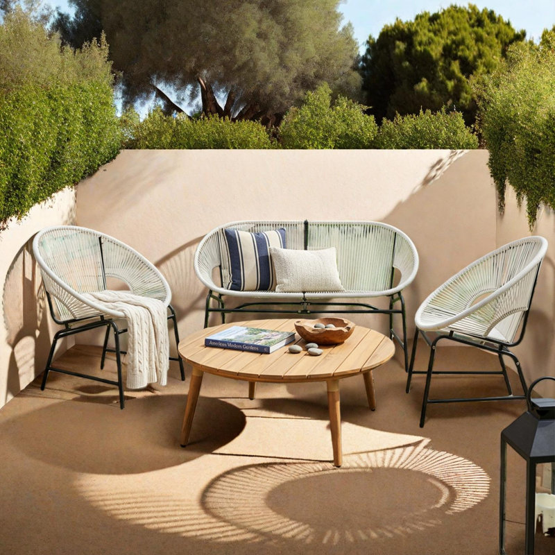Ensemble de conversation d'extérieur 4 pièces avec causeuse, 2 fauteuils et table basse en bois d'acacia, Blanc/Noir