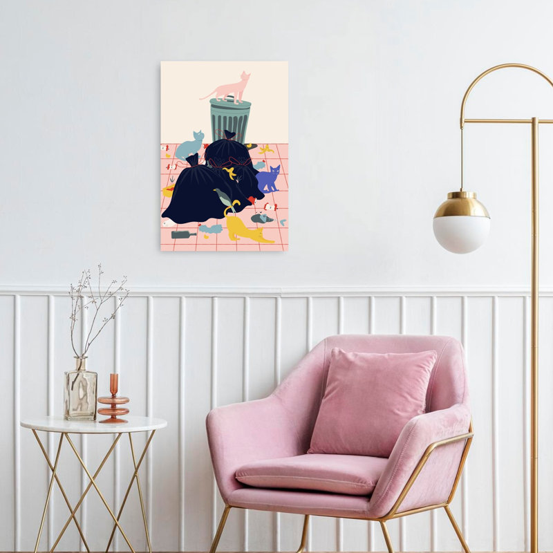 Cats Playful Contemporary Bird Cat Fish City Wall Art Print, 60.96cm H x 40.64cm W