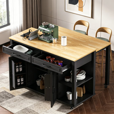 Extendable Kitchen Island with Dining Table, Rubber Wood Veneer, Internal Storage, and Power Outlets for Modern Kitchens