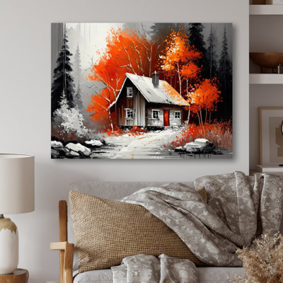 Monochère orange chalet en hiver, art mural sur toile paysage
