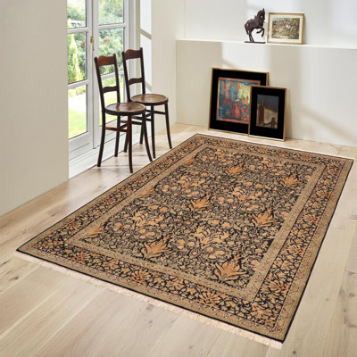 Tapis noir / brun en laine noué à la main à motif floral de 6 pi 3 po x 8 pi William Morris
