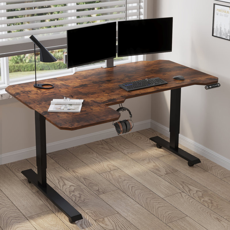 Daycia Height Adjustable L-Shape Standing Desk, Brown/Black