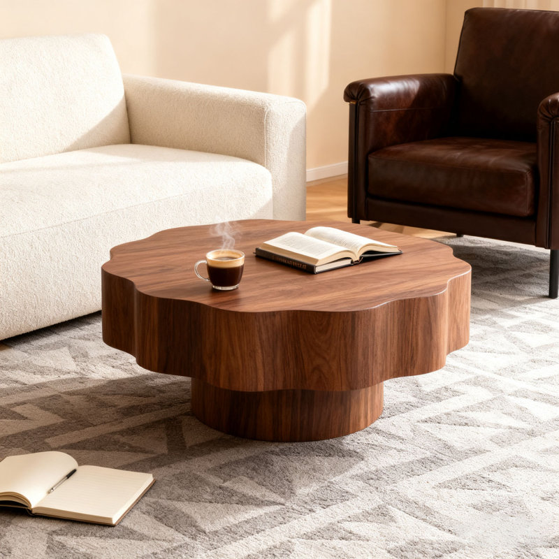 31.5" Scalloped Edge Coffee Table - Walnut MDF Wood Grain Sticker Center Table, Modern Irregular Round Coffee Table for Living Room/Bedroom