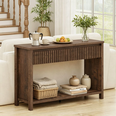 Console Table with 2 Drawers, 47 Inch Entryway Table with Storage, Narrow Farmhouse Fluted Couch Table, Two-Tier Shelf Sofa Table for Living Room, Rus