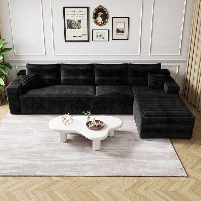 132" L-shaped Sectional Couch, Compression Sofa, Black Corduroy, Right Facing, Right Hand Facing, Black Corduroy