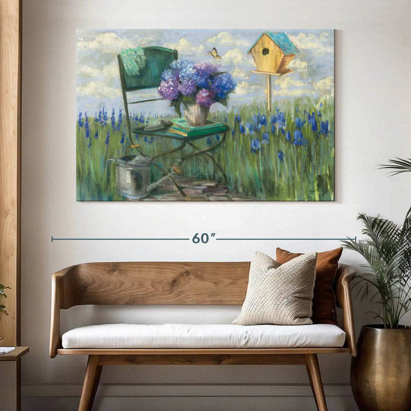 Chaise Senne verte avec hortensia, H 34 po x l 51 po