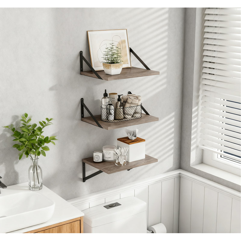 Deep Floating Shelves Set Of 3, 12 Inch Wide Wood Wall Shelves With Metal Bracket For Living Room, Kitchen, Office, Bedroom Storage And Display