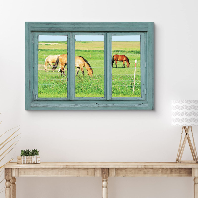 Scène de fenêtre «Vue de la fenêtre Chevaux dans le champ, images de nature, art moderne, paysage rustique ultra» sur