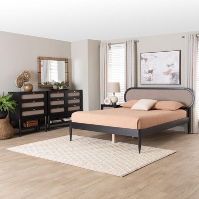 Euradell Baxton Studio Shirin Mid-Century Beige Fabric And Black Wood Queen 4-Piece Bedroom Set