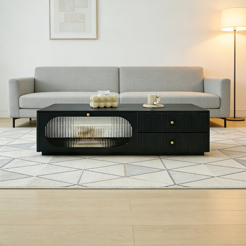 Table basse luxueuse avec rangement en verre, H 13,77 po x L 47,24 po x l 23,62 po