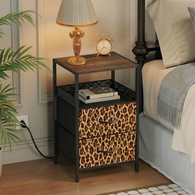 Table de chevet 2 tiroirs avec station de charge, table de chevet pour chambre avec ports USB et amp; Outlets, tablette ouverte noire, table de chevet avec imprimé léopard