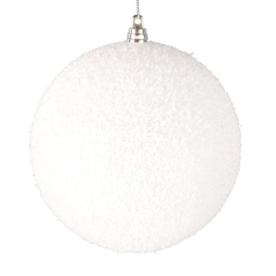  6" White Matte Snow Covered Ornament. It includes 2 pieces per bag. String hanger. Each ornament measures 6 inches and features a matte finish with a light covering of artificial snow.