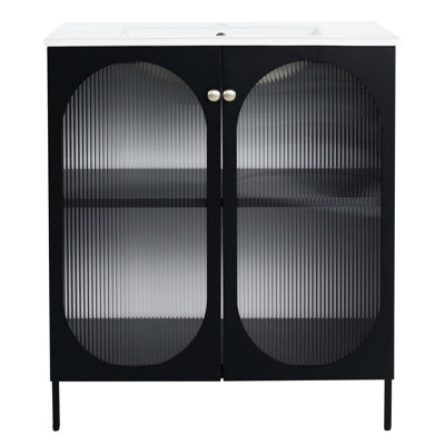 Meuble-lavabo autoportant de 30 po avec lavabo en céramique - Cloison épaisse en acier laminé à froid de 180 lb avec cuve lisse de style moderne pour faciliter la désinfection de l'armoire à 2 portes et de la menthe de 30 po