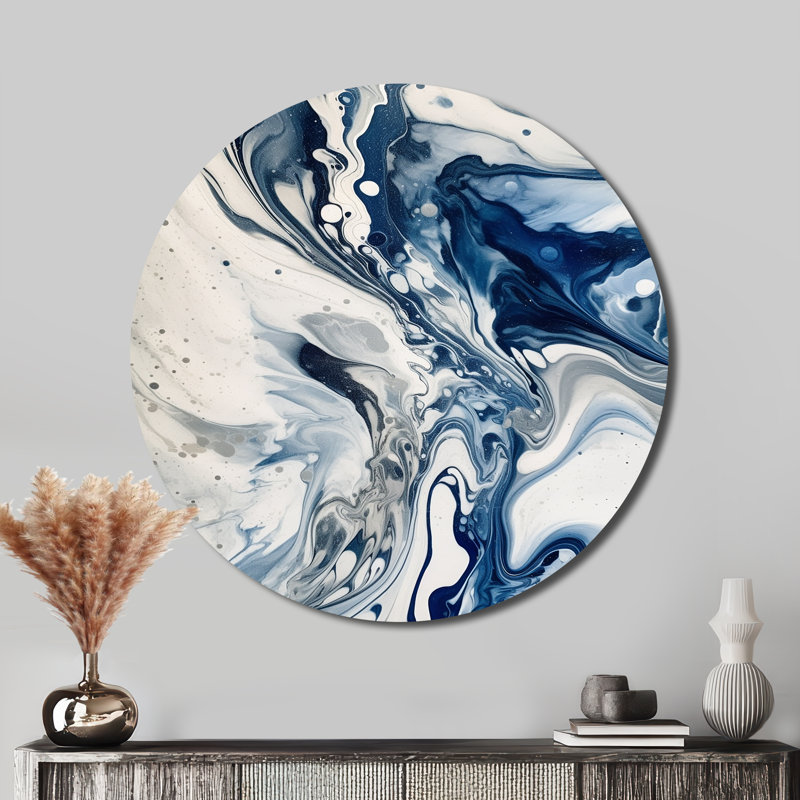 Élixir éthéré bleu et gris IV - Art abstrait rond en métal, H 36 po x l 36 po